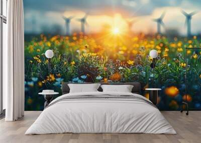 Business Solutions for green technology, doodles of turbines, solar energy, white background,generative ai Wall mural