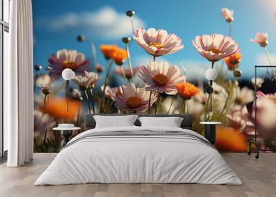 colorful flower meadow with sunbeams and blue sky and bokeh lights generative ai Wall mural