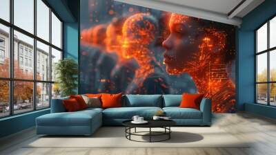 Futuristic office: Diverse leaders blend human strength with digital prowess, guiding a united team towards innovation.generative ai Wall mural