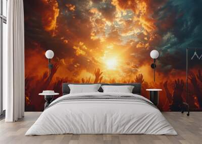 Hands to heaven, group of people with their hands up looking at the sunset,generative ai Wall mural