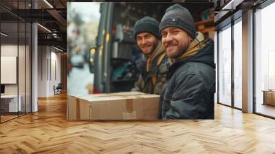 two happy movers loading a truck wearing working black clothes, generative ai Wall mural