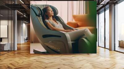 Woman relaxing on electric massage chair in living room.generative ai Wall mural