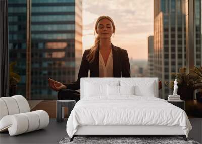 Young business woman is meditating to relieve stress of busy corporate life generative ai Wall mural