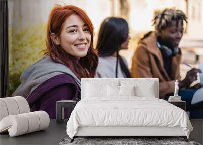 Cheerful Student Enjoying Campus Life Outdoors Wall mural