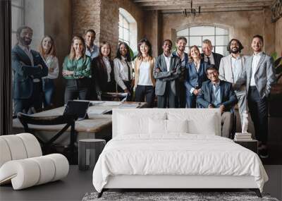 Corporate portrait of a multigenerational working team with multiracial and disabled members - Group photo of colleagues standing in the office in co-working space - business lifestyle concept. Wall mural