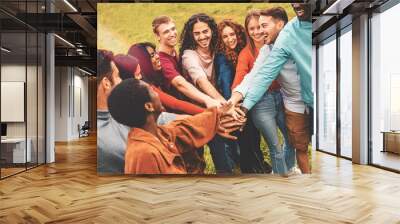 Enthusiastic friends join hands outdoors, showcasing team spirit and unity amidst nature. Wall mural