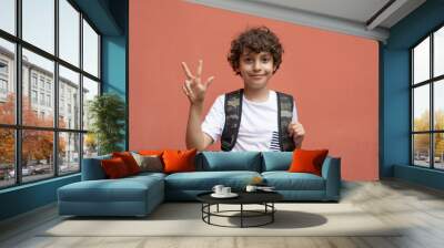 Smiling schoolboy showing three fingers, back to school concept Wall mural