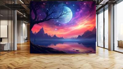 A beautiful landscape with a large blue moon in the sky Wall mural