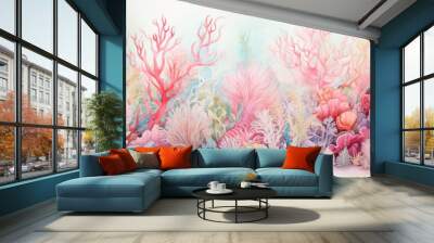 A painting of a coral reef with pink and blue coral and pink Wall mural