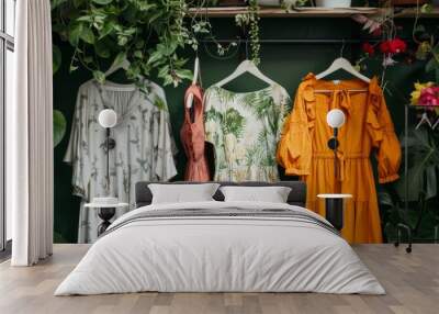 A rack of clothes with a green background Wall mural