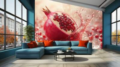 Bursting Pomegranate Juice Splash - Vibrant 3D Illustration of Refreshing Freshness Wall mural