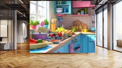 Colorful Prepped Meals: Tasty and Vibrant Kitchen Creations Ready to Enjoy - Photorealistic Image with Bright Lighting Wall mural