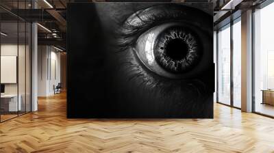 Eerie Close-up of a Creepy Eyeball on Solid Dark Background Wall mural