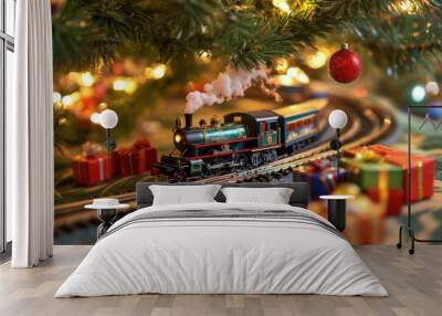 Festive Toy Train Set Chugging Around Christmas Tree with Colorful Presents - Holiday Joy and Cheer Concept Wall mural