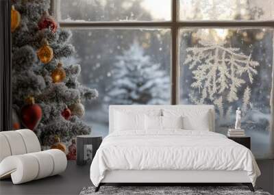 Serene Winter Scene: Frost-covered Window Revealing Festive Christmas Tree Outdoors Wall mural