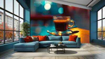 Glass Cup of Coffee on a Table with a Blue and Orange Background - Photo Wall mural