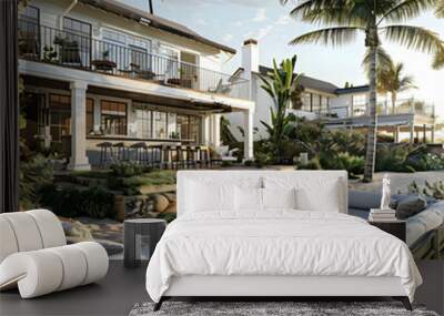 transparent background with isolated white building and blue sky, complemented by a white chair and gray pillow Wall mural