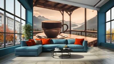 Morning Coffee with Scenic Mountain View,Generative AI Wall mural