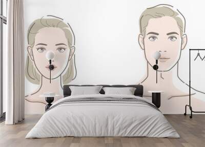 Female and male faces. Vector illustration in line drawing, isolated on white background. Wall mural