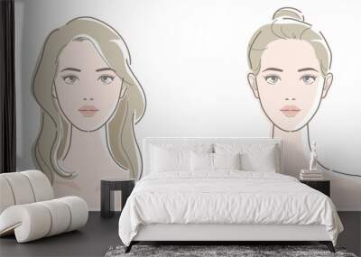 Front face of young women. Long hair and up in a bun. Beauty, fashion, makeup, skincare concept. Vector illustration in line drawing, isolated on white background. Wall mural