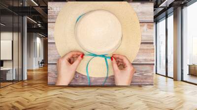 Woman stylish and fashion summer hat with ribbon  Wall mural