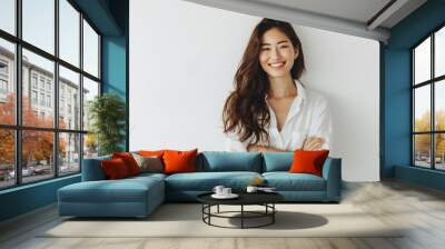 Oriental woman smiling on white background Wall mural