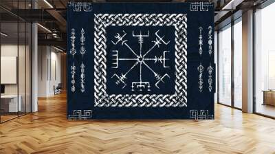 Blue vegvisir viking Scandinavian symbols background Wall mural