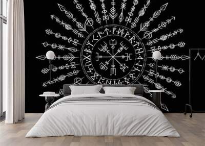 Scandinavian white viking symbols circle Wall mural