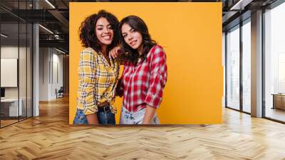 Close-up portrait of young women in checkered shirts. Brown-eyed girls smile cute Wall mural