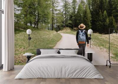 full-length portrait from back of male traveler exploring summer forest in vacation. young man weari Wall mural