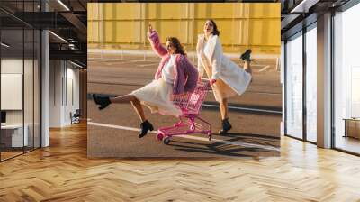 Laughing girls fooling around after shopping. Graceful well-dressed ladies having fun together on the street. Wall mural