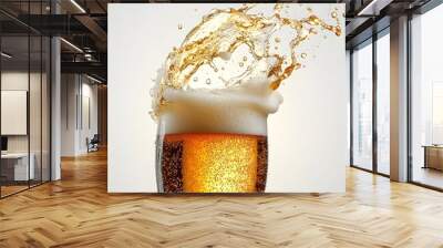 Closeup Super Macro View of Splashing Golden Beer Liquid with Foaming Bubbles in Transparent Background Wall mural