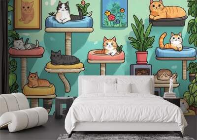 Colorful Feline Comfort  Cartoon Cats Lounging in Whimsical Home Decor Setting Wall mural