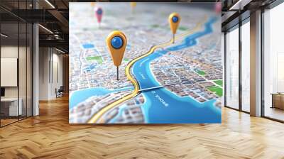 Detailed Digital GPS Map with Route Path and Navigation Markers on City Streets Wall mural