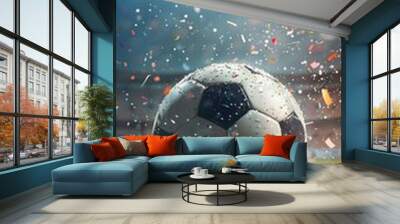 Exhilarating Soccer Ball Amid Confetti Explosion in Spotlighted Stadium Wall mural