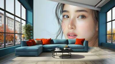 Flawless Skin and Radiant Beauty of Elegant Asian Woman on Serene Background Wall mural