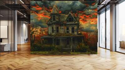 Haunting Abandoned Victorian House in Eerie Autumn Landscape Wall mural