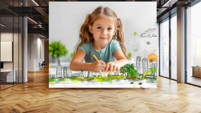 Imaginative Child s Drawing of Sustainable City and Environmental Conservation Concept for World Environment Day Wall mural