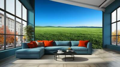 Picturesque early morning landscape with lush green meadow under clear blue sky Wall mural