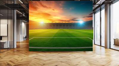 soccer field at football stadium with sky sunset Wall mural