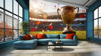 Soccer trophy shining in stadium with confetti celebrating victory Wall mural