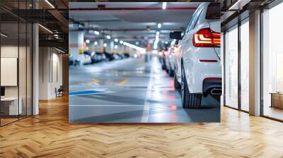 Spacious and Bright Underground Parking Garage with Clear Spaces and Modern Lighting Wall mural