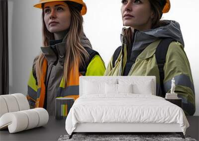 Two Female Engineers in Hardhats and High Visibility Jackets Exploring Climate Resilient Urban Design Solutions Wall mural