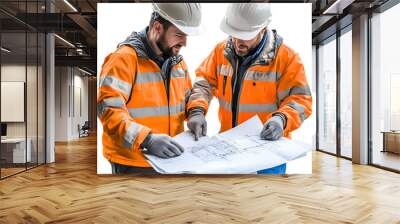 Two Male Engineers Collaborating Over Blueprints in Safety Gear Wall mural