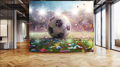 Victorious Soccer Ball in Celebratory Stadium Setting with Confetti and Spotlights Wall mural