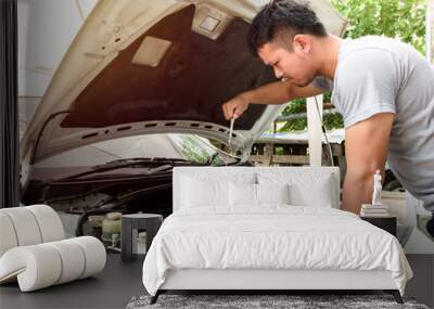 A man checking car engine at home Wall mural