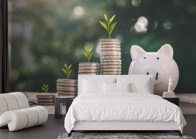 business finance and saving money investment , Money coin stack growing graph with piggy bank saving concept. plant growing up on coin. Balance savings and investment. Wall mural