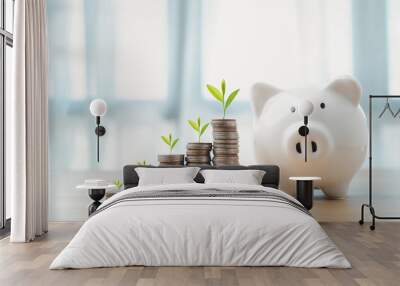 business finance and saving money investment , Money coin stack growing graph with piggy bank saving concept. plant growing up on coin. Balance savings and investment. Wall mural