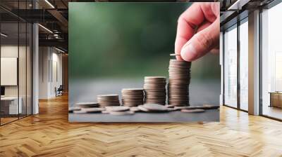 business finance and saving money investment concept, Hand with Money coin stack growing graph saving concept. Balance savings and investment. Wall mural