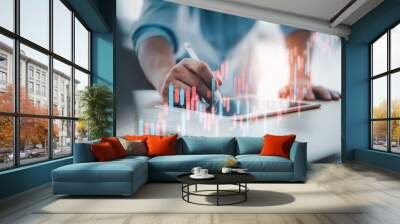 business finance technology and investment concept. Stock Market Investments Funds and Digital Assets. businessman analysing forex trading graph financial data. Business finance background. Wall mural